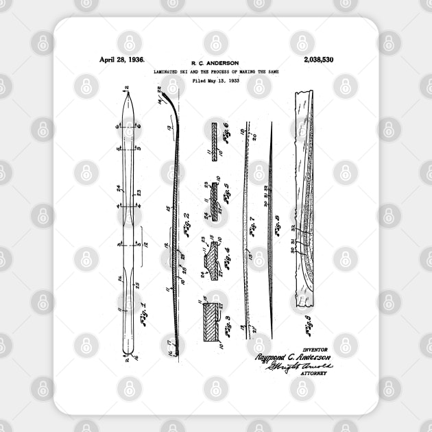 Skiing Skis Patent - Skier Ski Lodge Chalet Art - White Sticker by patentpress